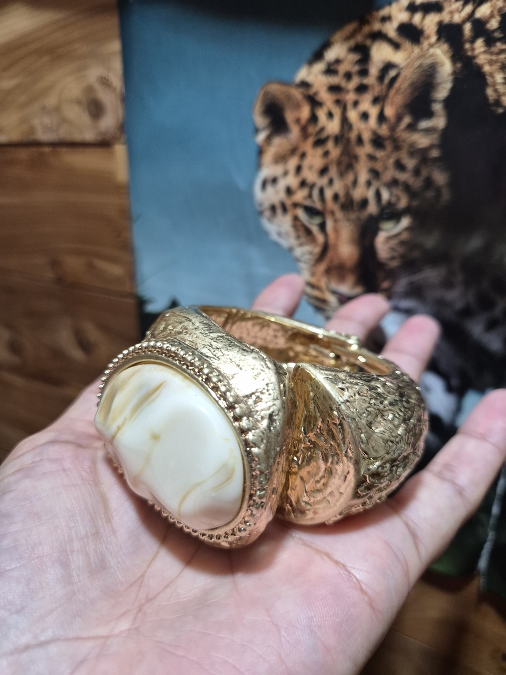Gold-Tone Cuff Bracelet with Cream Marbled Stone